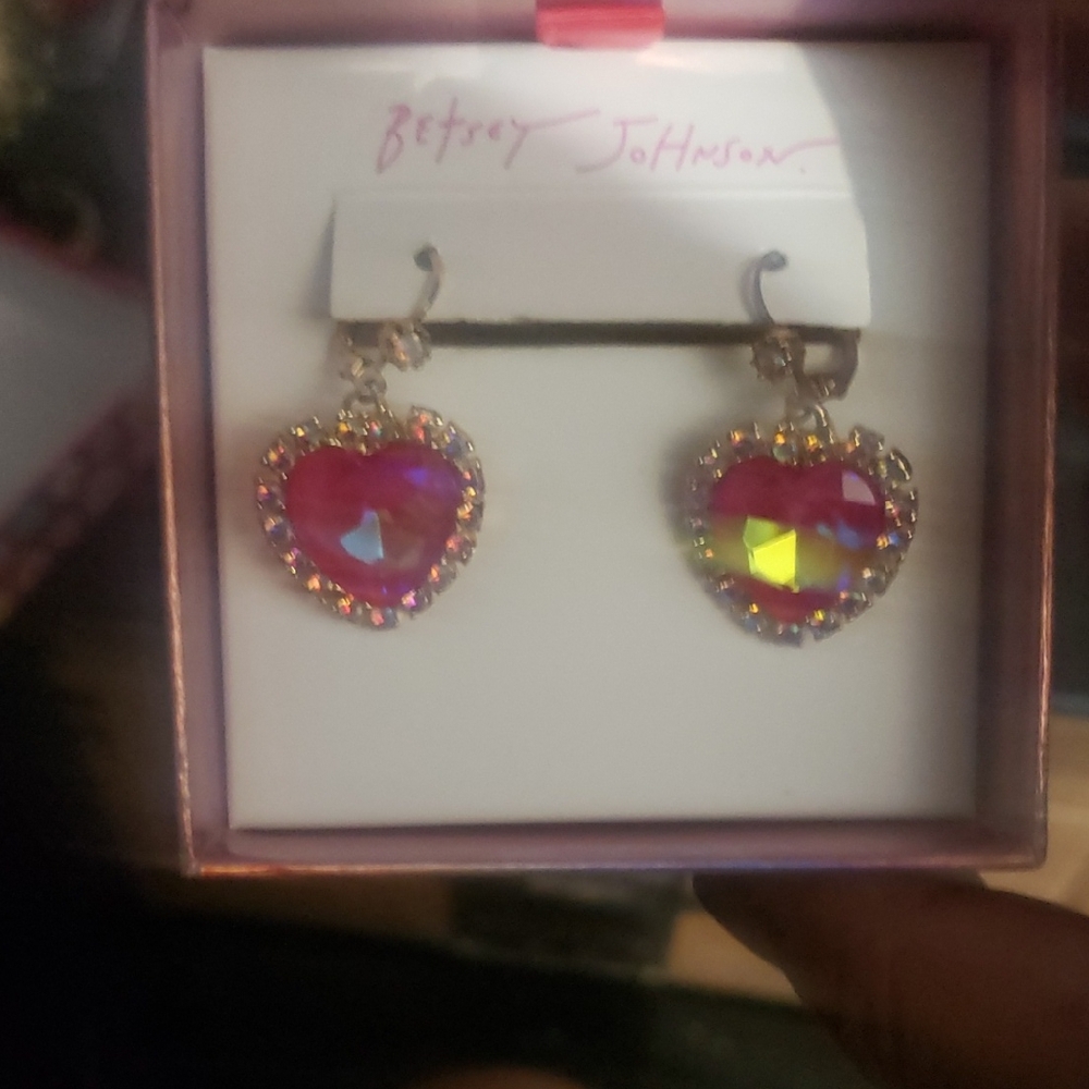 Betsey Johnson Pink and Gold Heart Earrings with Crystals